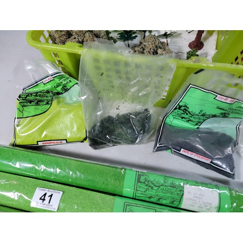 41 - Green tub of model railway countryside grass mats, trees and other foliage, most are sealed as new i... 