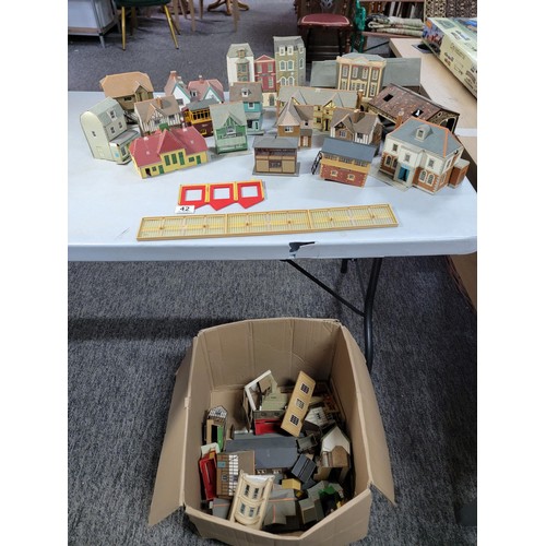 42 - Large box full of model railway buildings made of cardboard inc railway station, town hall, houses, ... 