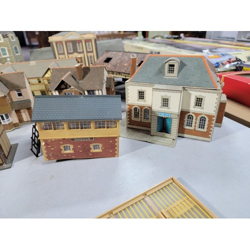 42 - Large box full of model railway buildings made of cardboard inc railway station, town hall, houses, ... 