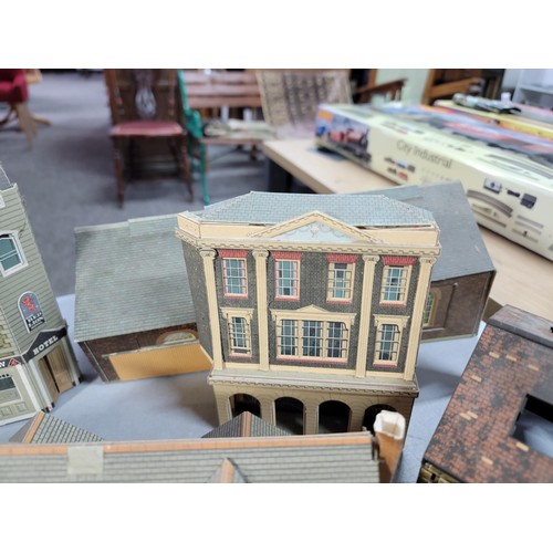 42 - Large box full of model railway buildings made of cardboard inc railway station, town hall, houses, ... 