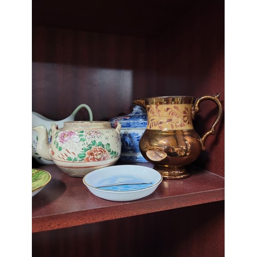 67 - 3x shelves full of collectable china inc a Japanese earthenware Taisho wine pot, a floral decorated ... 