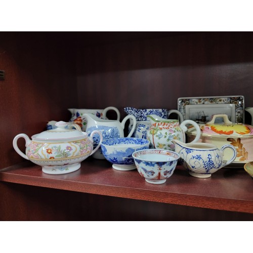 67 - 3x shelves full of collectable china inc a Japanese earthenware Taisho wine pot, a floral decorated ... 