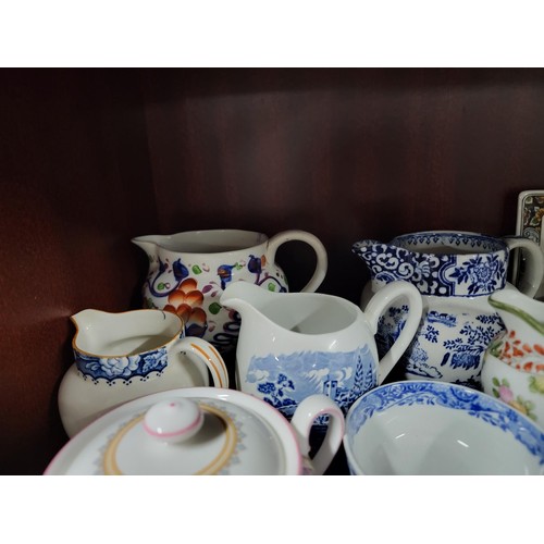 67 - 3x shelves full of collectable china inc a Japanese earthenware Taisho wine pot, a floral decorated ... 