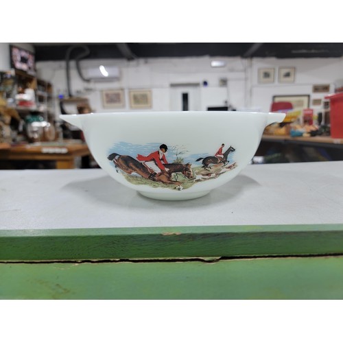 68 - Hand painted serving tray depicting a hunting scene along with a pyrex cooking glass dish with a tra... 