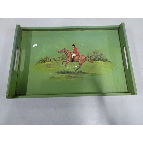 68 - Hand painted serving tray depicting a hunting scene along with a pyrex cooking glass dish with a tra... 