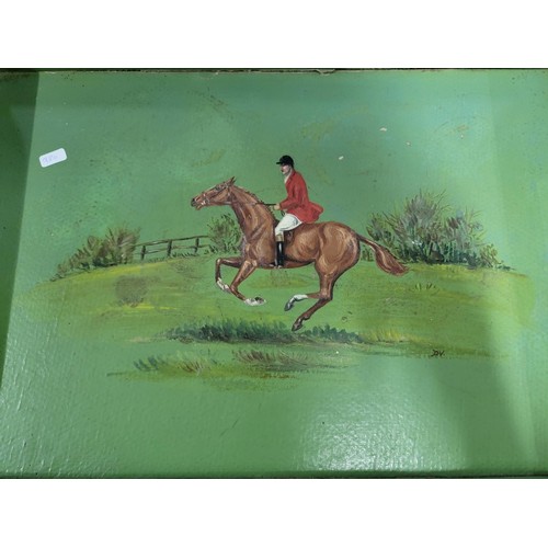 68 - Hand painted serving tray depicting a hunting scene along with a pyrex cooking glass dish with a tra... 