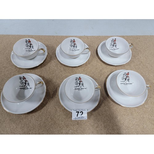 72 - Set of 6x Spanish china cups and saucers by HB Wien all hand coloured depicting a scene of a soldier... 