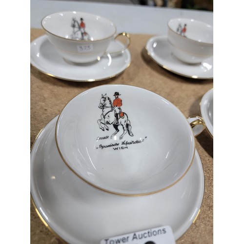 72 - Set of 6x Spanish china cups and saucers by HB Wien all hand coloured depicting a scene of a soldier... 