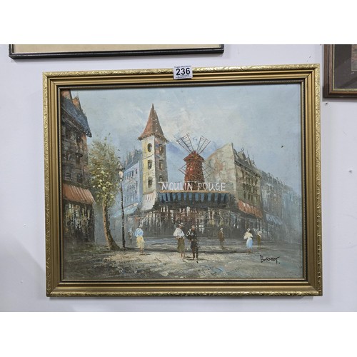 79 - Original oil on canvas of a parisian street scene featuring the Moulin Rouge signed by Caroline Burn... 