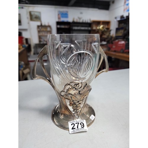 279 - Antique rare art nouveau pewter and cut glass celery vase by WMF, stamped with catalogue number 128 ... 