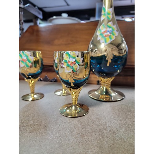 108 - Genuine Murano Venice 1950's Bohemian set of six wine 24ct gold leaf blue glass decanter set with 6 ... 