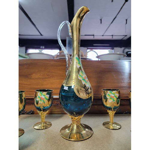 108 - Genuine Murano Venice 1950's Bohemian set of six wine 24ct gold leaf blue glass decanter set with 6 ... 