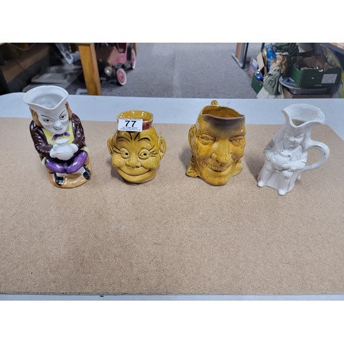 77 - Collection of 4x character jugs inc a Kelly jug by John Campbell pottery Australia, a yellow jug pos... 