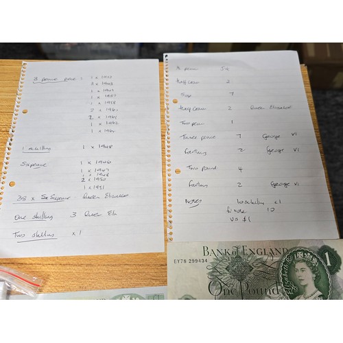 230 - A box full of various organized vintage British coins and bank notes with a list provided (see photo... 