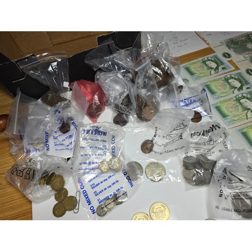 230 - A box full of various organized vintage British coins and bank notes with a list provided (see photo... 