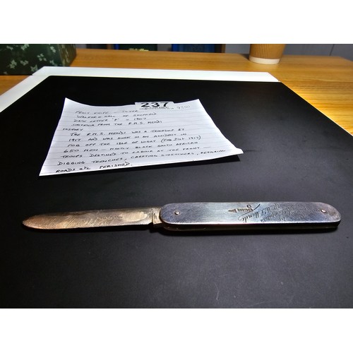 237 - *All proceeds go to charity on this lot*
A very rare maritime related hallmarked silver fruit knife ... 