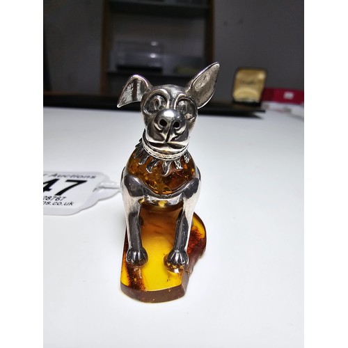 247 - Good quality very pretty hallmarked silver and genuine amber dog figure, featuring a solid amber bod... 