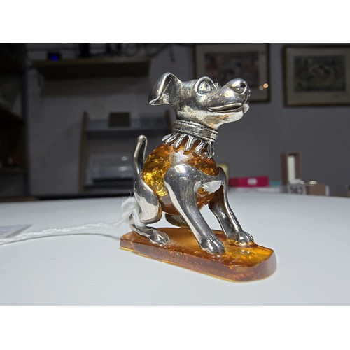 247 - Good quality very pretty hallmarked silver and genuine amber dog figure, featuring a solid amber bod... 