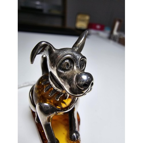 247 - Good quality very pretty hallmarked silver and genuine amber dog figure, featuring a solid amber bod... 