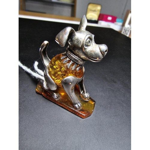 247 - Good quality very pretty hallmarked silver and genuine amber dog figure, featuring a solid amber bod... 