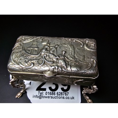 239 - Antique fine quality dutch sterling silver footed table snuff box of furniture form with an ornate e... 