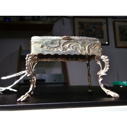 239 - Antique fine quality dutch sterling silver footed table snuff box of furniture form with an ornate e... 