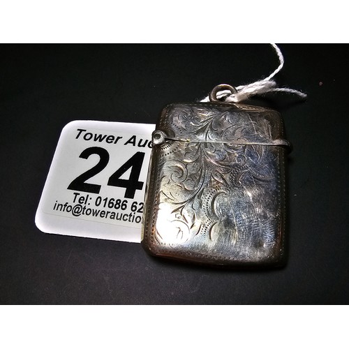 241 - A good quality antique hallmarked silver Vesta case with an engraved design to the front and back ha... 