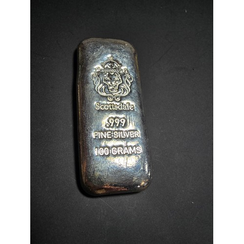 209 - Good solid pure fine silver ingot with a weight of 100g, by Scottsdales fully marked up with the Sco... 