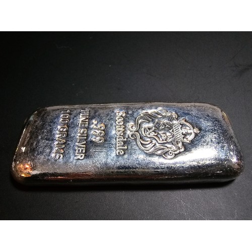 209 - Good solid pure fine silver ingot with a weight of 100g, by Scottsdales fully marked up with the Sco... 