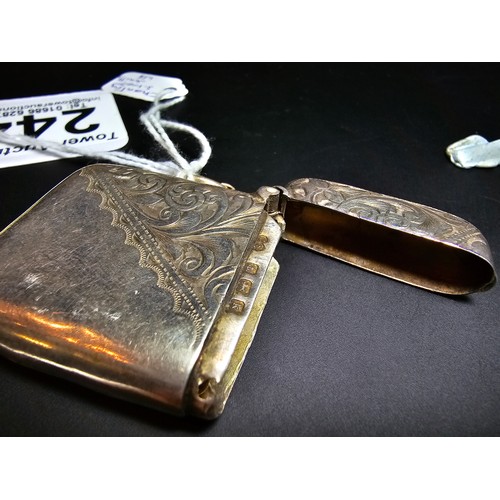 244 - Hallmarked silver vesta case with engraved design to the front and back in good condition hallmarked... 