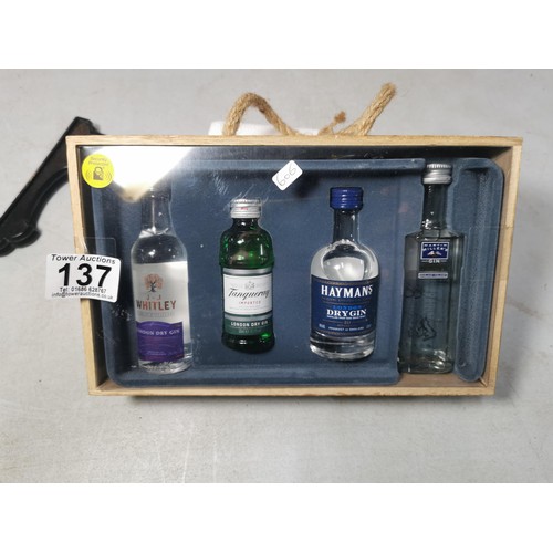 137 - New gift set of various gin miniatures complete in wooden presentation gift box.