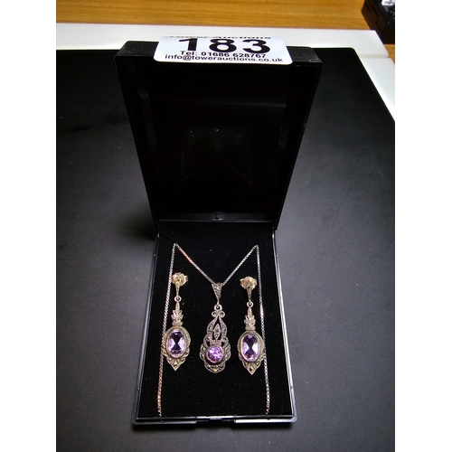 183 - Pretty 925 silver art deco style matching jewellery set which includes pendant chain, and drop earri... 