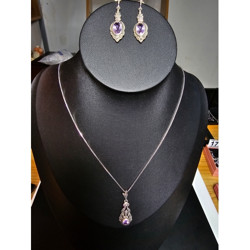 183 - Pretty 925 silver art deco style matching jewellery set which includes pendant chain, and drop earri... 