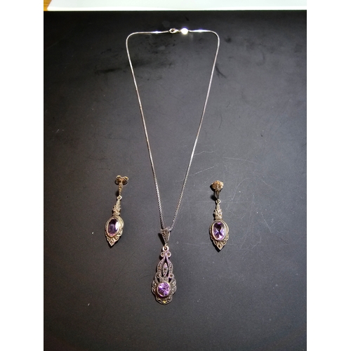 183 - Pretty 925 silver art deco style matching jewellery set which includes pendant chain, and drop earri... 