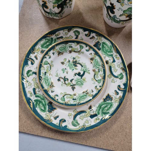 94 - A quantity of 12x Masons Iron stone Chartreuse in green and gilded design to include plates, 3x vase... 