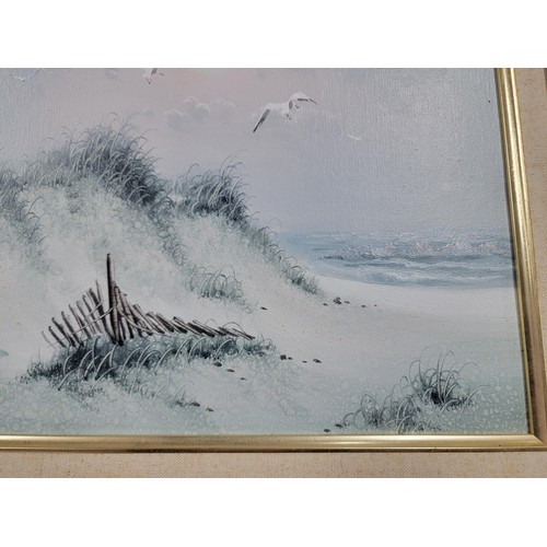 110 - Ornate gilt framed oil on canvas of a winter seascape signed to lower left Lacoste, in good overall ... 