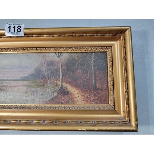 118 - Original good quality antique gilt framed oil on canvas of a pond scene in the autumn, in overall go... 