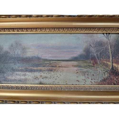 118 - Original good quality antique gilt framed oil on canvas of a pond scene in the autumn, in overall go... 