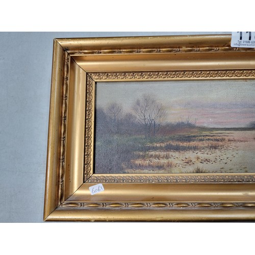 118 - Original good quality antique gilt framed oil on canvas of a pond scene in the autumn, in overall go... 