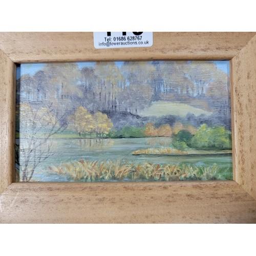 119 - Small modern framed oil on board of 'The Pool' at Gregynog, Tregynon, by Dorothy Scrivener (known lo... 