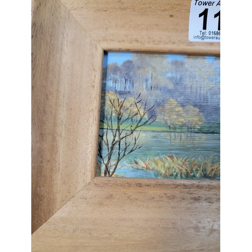 119 - Small modern framed oil on board of 'The Pool' at Gregynog, Tregynon, by Dorothy Scrivener (known lo... 