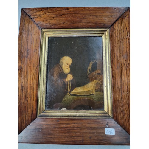 120 - Good Antique mahogany framed and glazed dutch hand finished lithograph of a monk at his desk, presen... 