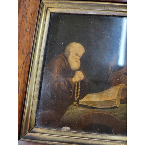 120 - Good Antique mahogany framed and glazed dutch hand finished lithograph of a monk at his desk, presen... 