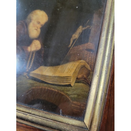 120 - Good Antique mahogany framed and glazed dutch hand finished lithograph of a monk at his desk, presen... 