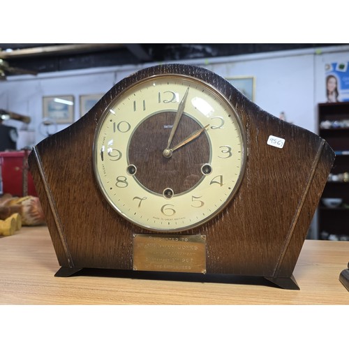 284 - 2x good vintage wind up mantel clocks which includes a clean and tidy Smiths mid century Westminster... 