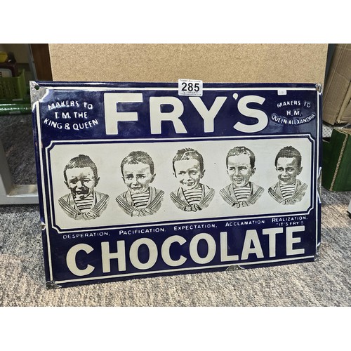 285 - A good quality reproduction metal enamel sign for fry's chocolate featuring the 5 fry and sons boys,... 