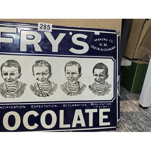 285 - A good quality reproduction metal enamel sign for fry's chocolate featuring the 5 fry and sons boys,... 