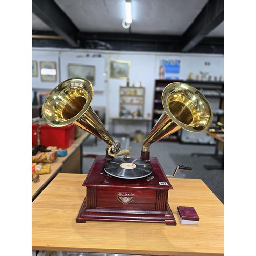 293 - An unusual rare reproduction twin brass horn Victrola gramophone featuring 2 large brass horns, the ... 