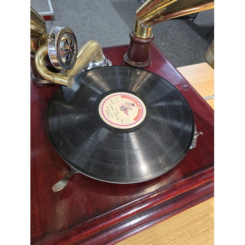 293 - An unusual rare reproduction twin brass horn Victrola gramophone featuring 2 large brass horns, the ... 