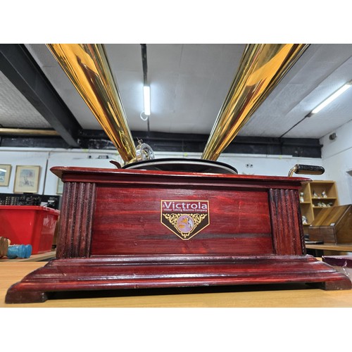 293 - An unusual rare reproduction twin brass horn Victrola gramophone featuring 2 large brass horns, the ... 